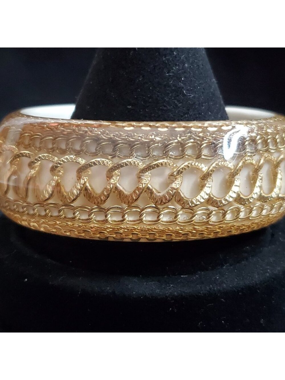 Vintage Chunky Bangle Bracelet Acrylic Gold Tone Chains Thick Heavy 8"